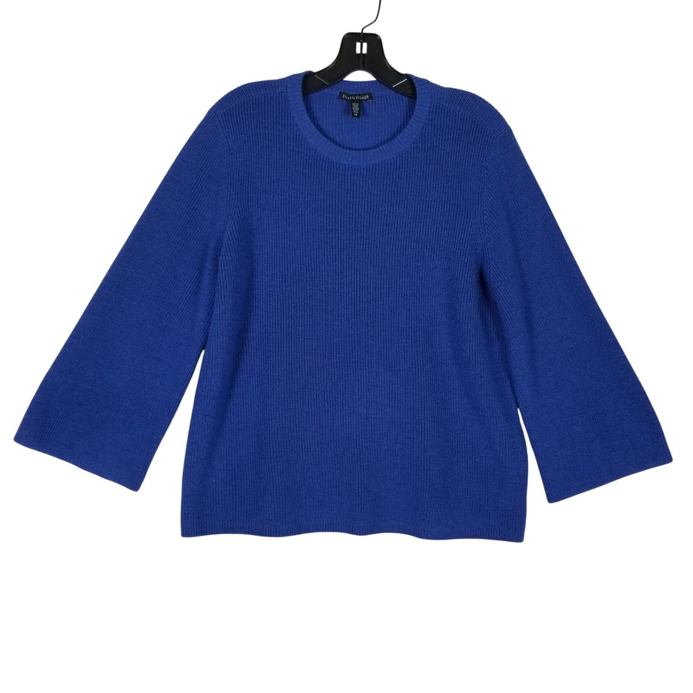 Eileen Fisher Sweater Womens Small Blue Merino Wool Ribbed Bell Sleeve R18JJR